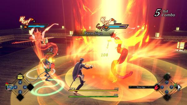 Screenshot from RAIDOU Remastered: The Mystery of the Soulless Army showing a battle with Raidou casting a fiery Pyro Sign attack.