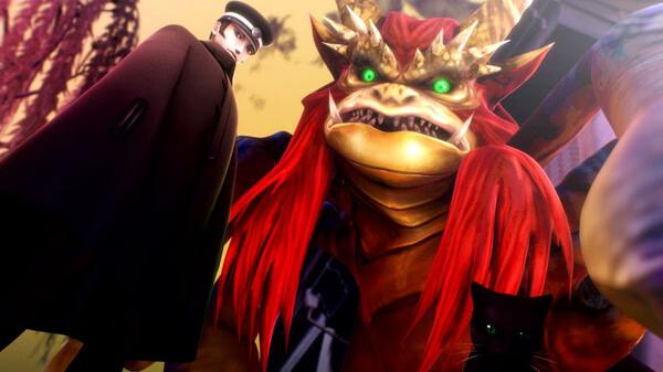 Screenshot from RAIDOU Remastered: The Mystery of the Soulless Army showing Raidou, a red-haired monster, and a black cat.