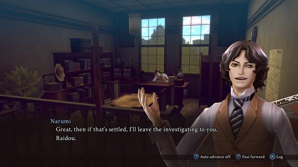 Screenshot from RAIDOU Remastered: The Mystery of the Soulless Army showing Narumi speaking to Raidou in a vintage-style office.