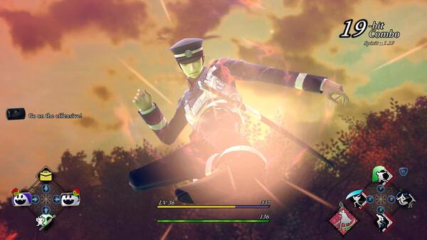 Screenshot from "RAIDOU Remastered: The Mystery of the Soulless Army" showing a character mid-air in combat against a glowing sky.