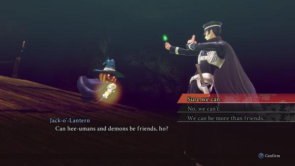 Screenshot from RAIDOU Remastered: The Mystery of the Soulless Army showing Jack-o'-Lantern asking if humans and demons can be friends.