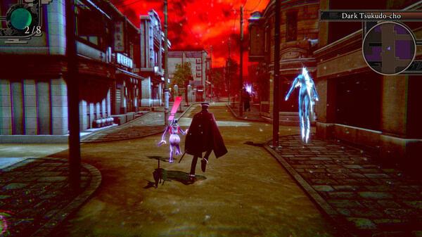 Screenshot from RAIDOU Remastered: The Mystery of the Soulless Army showing Raidou and allies exploring a glowing red city street.