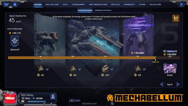 Mechabellum screenshot showing the Season Rewards menu with player rank, combat power, and unlockable rewards visible.