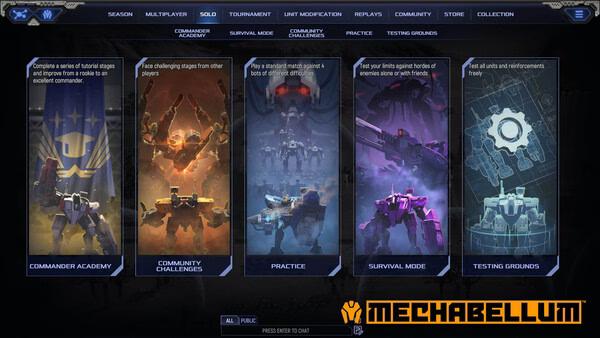 Screenshot of Mechabellum's main menu showing five game modes: Commander Academy, Community Challenges, Practice, Survival Mode, and Testing Grounds.