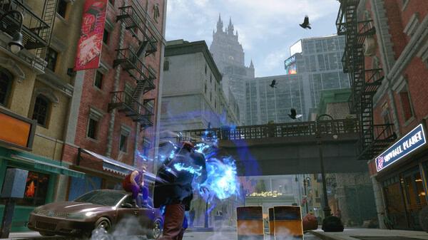 Street Fighter 6-Steam-NA screenshot: A character charges a blue energy attack in an urban street with buildings and birds overhead.
