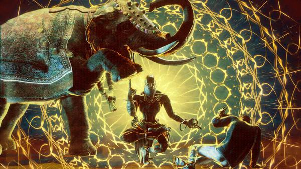 Street Fighter 6-Steam-NA screenshot featuring Dhalsim in a mystical pose, an elephant, and a fallen opponent amidst glowing patterns.