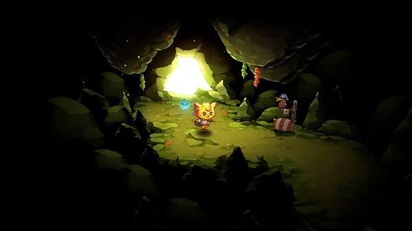 A screenshot from Cat Quest III showing a feline hero exploring a dim cave with glowing light and a striped treasure chest nearby.