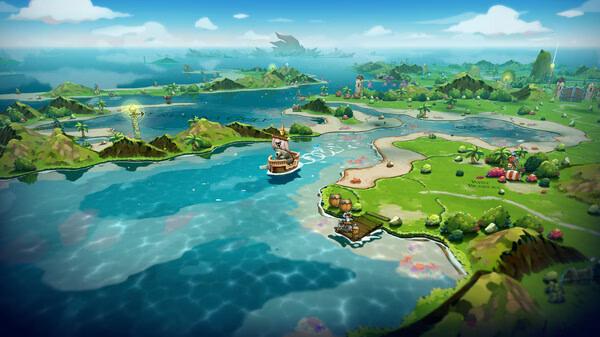 Cat Quest III screenshot: A ship sails across a vibrant, expansive ocean surrounded by lush green islands under a clear blue sky.