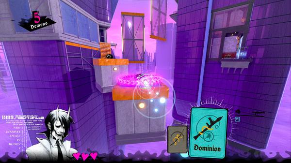 Screenshot from Neon White showing a platforming scene with a character navigating floating platforms and a card labeled 'Dominion'.