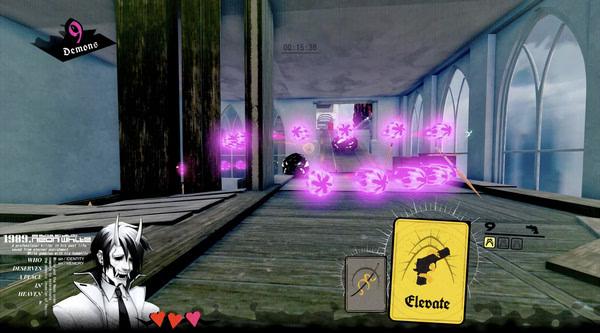 Neon White screenshot: A player navigates a wooden path, surrounded by purple icons. The Elevate card is visible in the foreground.
