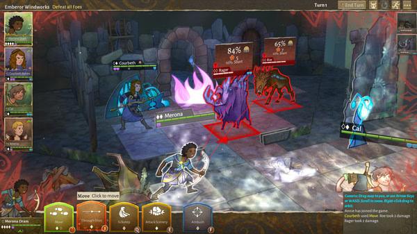 Screenshot from Wildermyth showing characters battling a glowing blue creature and a red enemy in a dungeon setting.
