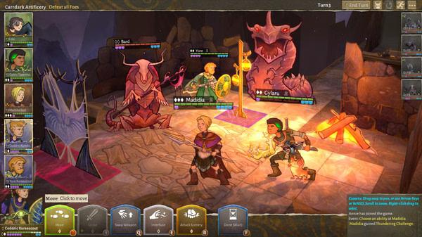 Wildermyth screenshot: Heroes battle monsters in a dungeon, with character stats and options visible on the interface.