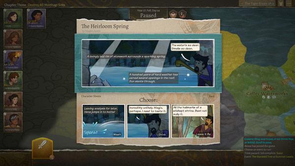 Wildermyth screenshot: A paused scene shows a story panel of characters near a spring, with options for player decisions below.