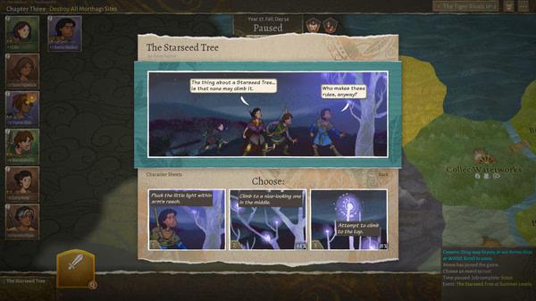 Wildermyth screenshot: A dialogue scene shows four characters discussing a Starseed Tree, with a map visible on the right.