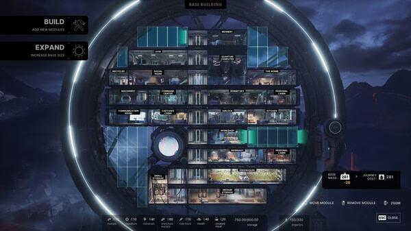 Screenshot from The Alters showing a circular base structure with labeled rooms and modules against a dark, mountainous backdrop.