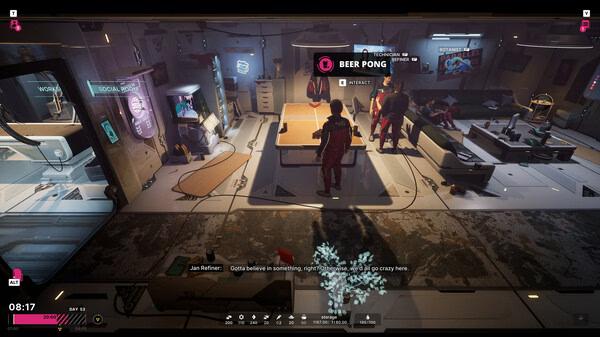 Screenshot from The Alters showing characters in a futuristic room playing beer pong with various equipment visible.
