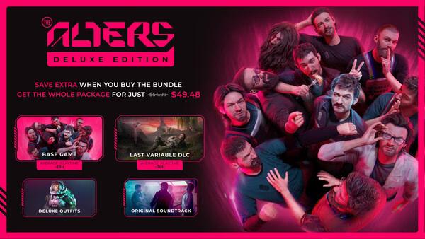 Screenshot from 'The Alters' showing multiple characters engaging in a dynamic, chaotic scene with vivid colors.