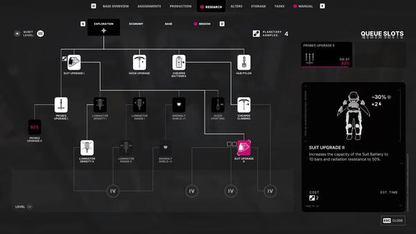 Screenshot from 'The Alters' showing a research tree with suit upgrades, icons, and text detailing radiation resistance improvements.