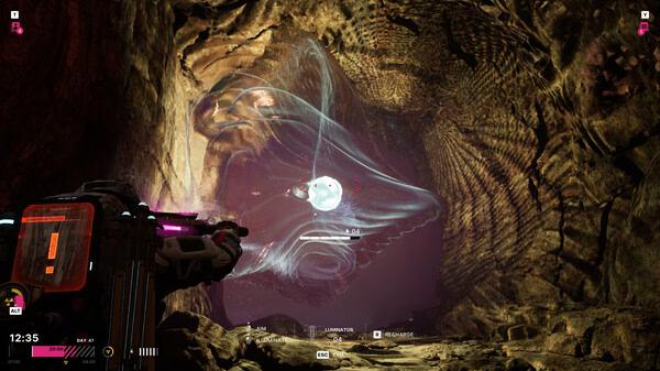 Screenshot from The Alters showing a player character exploring a cave with glowing, swirling patterns on the walls.