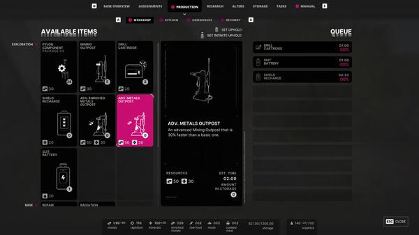 Screenshot from 'The Alters' showing the game interface with item selection for production at ADV. METALS OUTPOST.