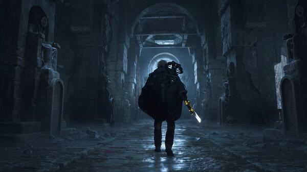A screenshot from Hell is Us shows a lone figure holding a glowing sword, standing in a dark, ancient stone hallway.