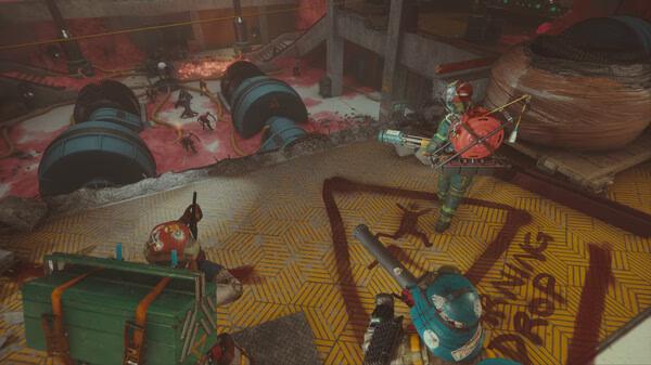 FBC: Firebreak screenshot showing players in hazard suits battling alien creatures in a damaged industrial facility.