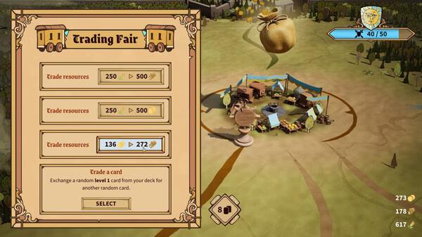 Drop Duchy screenshot: A trading fair menu is open, displaying trade options and a small village scene on a map.