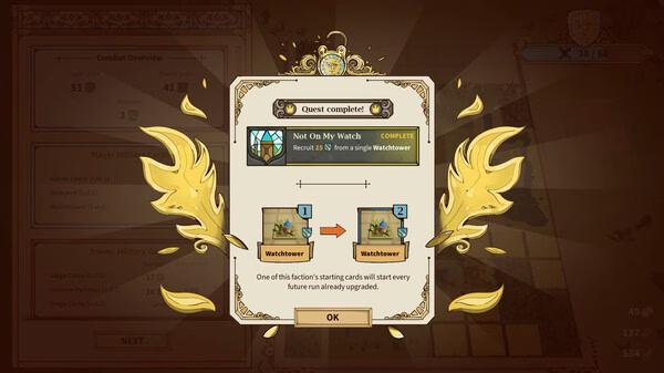 Screenshot from Drop Duchy game showing "Quest Complete" screen for "Not On My Watch," with watchtower cards displayed.
