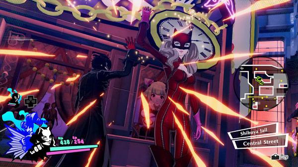 Screenshot from Persona 5 Strikers showing characters in action with vibrant effects, set in Shibuya Jail, Central Street.