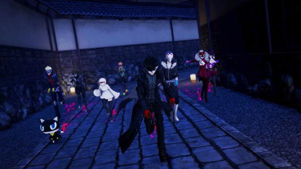 Screenshot of Persona 5 Strikers showing Joker and his team in action, running through a dark alley.