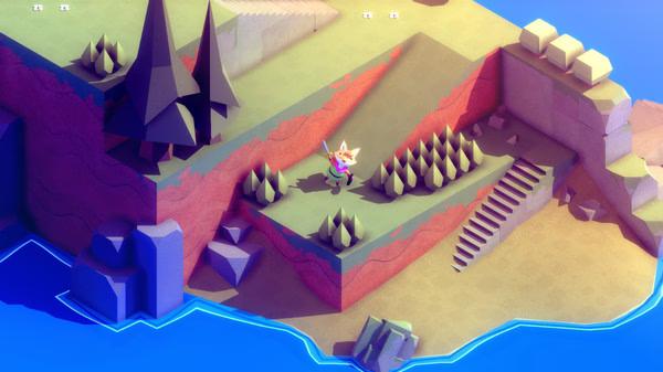 TUNIC screenshot: A fox character explores a colorful, polygonal landscape with trees, cliffs, and a staircase leading to the water's edge.