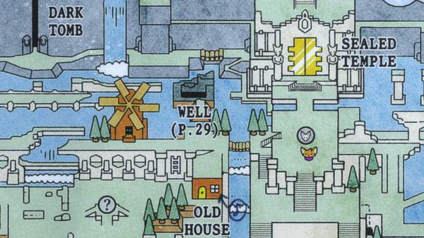 TUNIC screenshot showing a colorful map with labeled locations like Dark Tomb, Sealed Temple, Windmill, Well, and Old House.