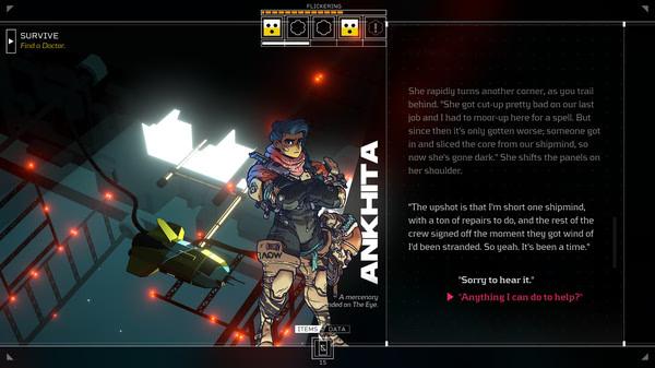 Screenshot from Citizen Sleeper showing a character named Ankita, a mercenary, with dialogue options on the right side.
