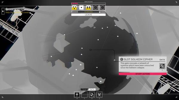 Citizen Sleeper screenshot: A network system interface with nodes and a Solheim Cipher slot option for action in a futuristic setting.