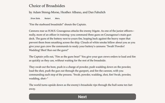 Screenshot from the game "Choice of Broadsides" showing a text-based naval battle scene with a command to fire the starboard broadside.