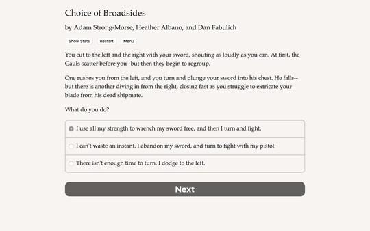 Screenshot of Choice of Broadsides game, showing dialogue options for a naval battle scene with choices to attack or defend.