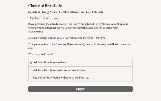 Screenshot of Choice of Broadsides showing dialogue with Miss Hawthorne and three player choices at the bottom of the screen.