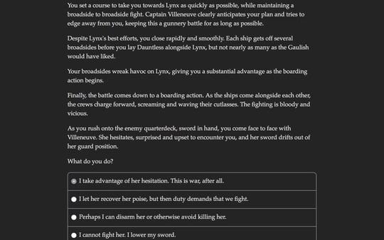 Screenshot from Choice of Broadsides showing a decision-making scene. Choices involve confronting a character named Villeneuve.