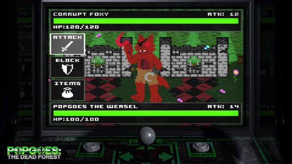 Screenshot of POPGOES Arcade showing Corrupt Foxy in battle against Popgoes the Weasel, with attack, block, and item options visible.
