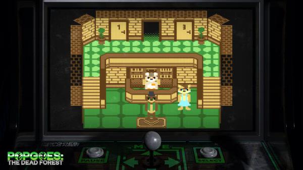 Screenshot of POPGOES Arcade showing a pixel art shopkeeper behind a counter, with two characters standing in front.