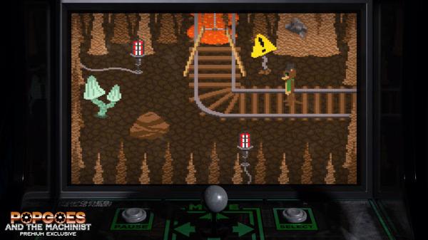 POPGOES Arcade screenshot: A character navigates through a cave with tracks, warning signs, and glowing lamps.
