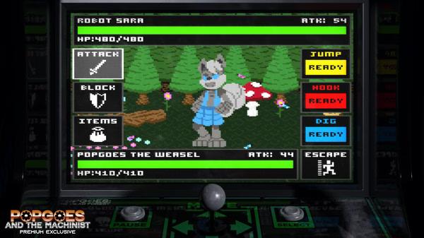 Screenshot of POPGOES Arcade showing a battle interface with a character named POPGOES the Weasel facing ROBOT SARA in a forest setting.