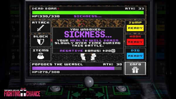 POPGOES Arcade screenshot: POPGOES the Weasel battles Dead Boar, with "Sickness" status affecting health during combat.