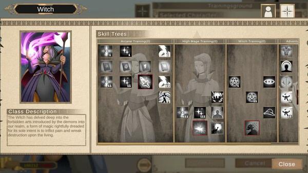Screenshot from 'Our Adventurer Guild' showing the Witch skill tree and description with various abilities highlighted.