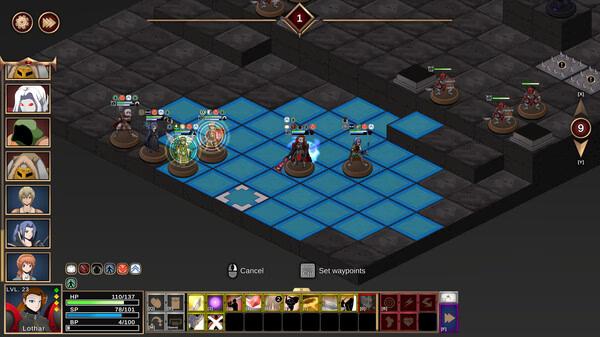 Screenshot from Our Adventurer Guild showing a tactical battle with characters positioned on a grid and action menu at the bottom.