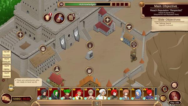 Screenshot of 'Our Adventurer Guild' showing a medieval town layout, objectives, and adventurer avatars at the bottom.