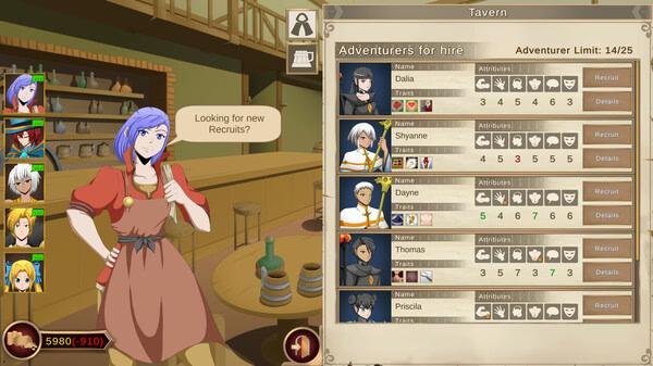 Screenshot of "Our Adventurer Guild" showing a tavern scene with recruit options and a character asking about new recruits.