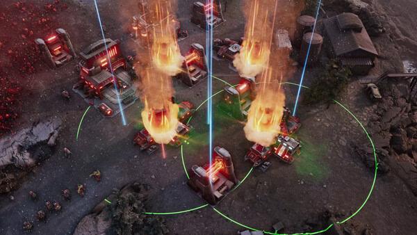 Screenshot from Tempest Rising showing a tactical base under attack, with explosions and defensive structures visible amidst rocky terrain.