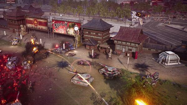 Screenshot from Tempest Rising showing a battle scene with tanks and explosions near traditional-style buildings.