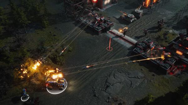 Screenshot from Tempest Rising showing a battle scene with vehicles and soldiers amidst explosions near a fortified base.